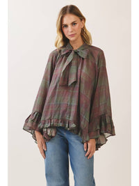 Plaid Bow Tie Ruffle Blouse