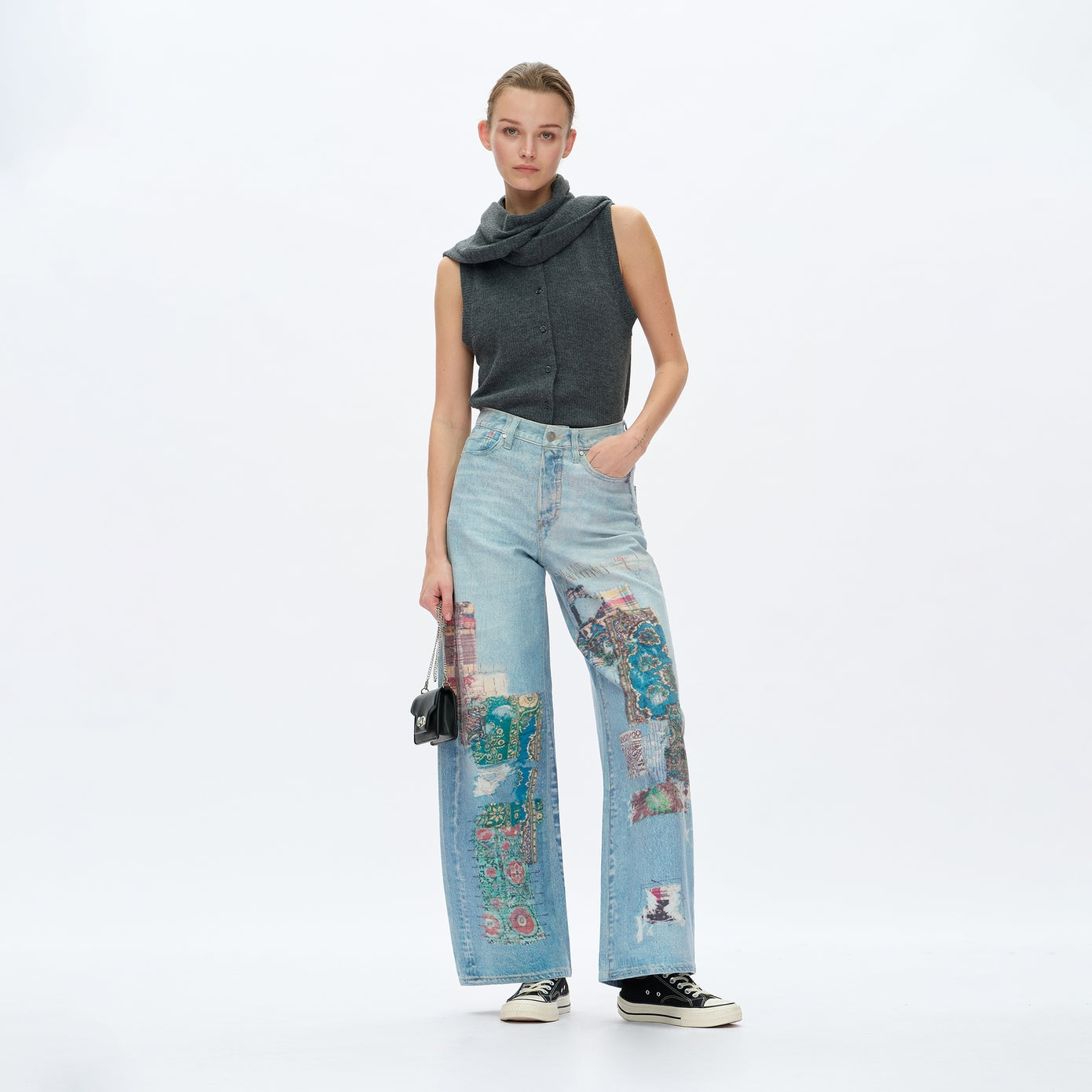 Patch Print High Rise Barrel Denim