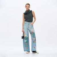 Patch Print High Rise Barrel Denim