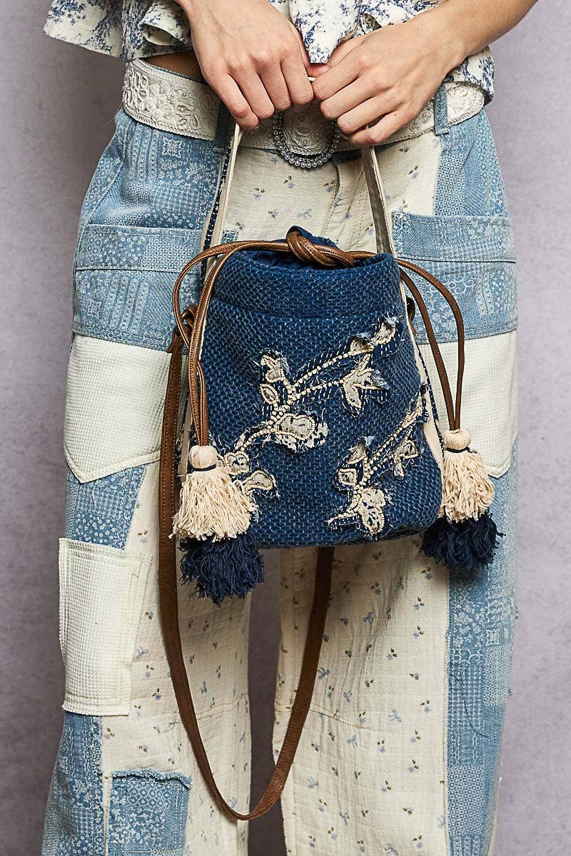Butterfly Embroidered Textured Crossbody Bag