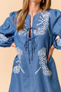 Embroidered Front-Tie Mini Dress