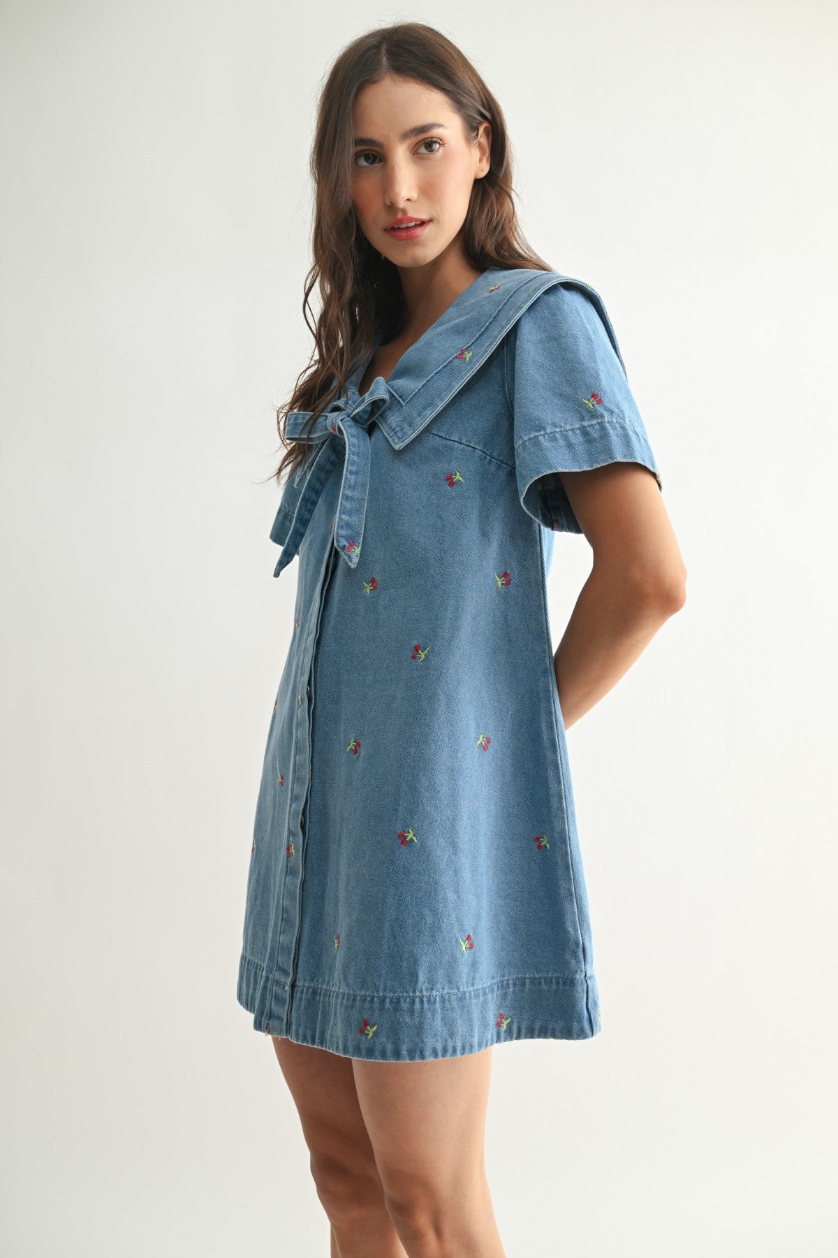 Cherry Embroidered Denim Dress