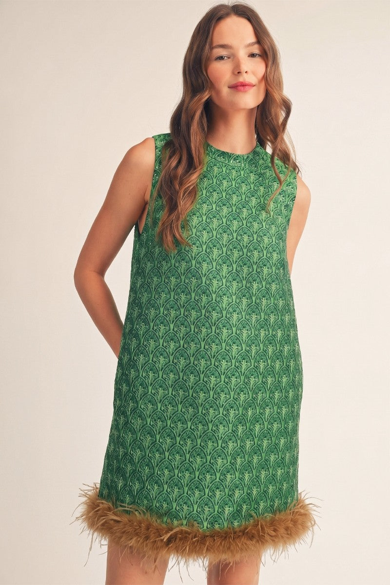 Feather Trim Jacquard Mini Dress