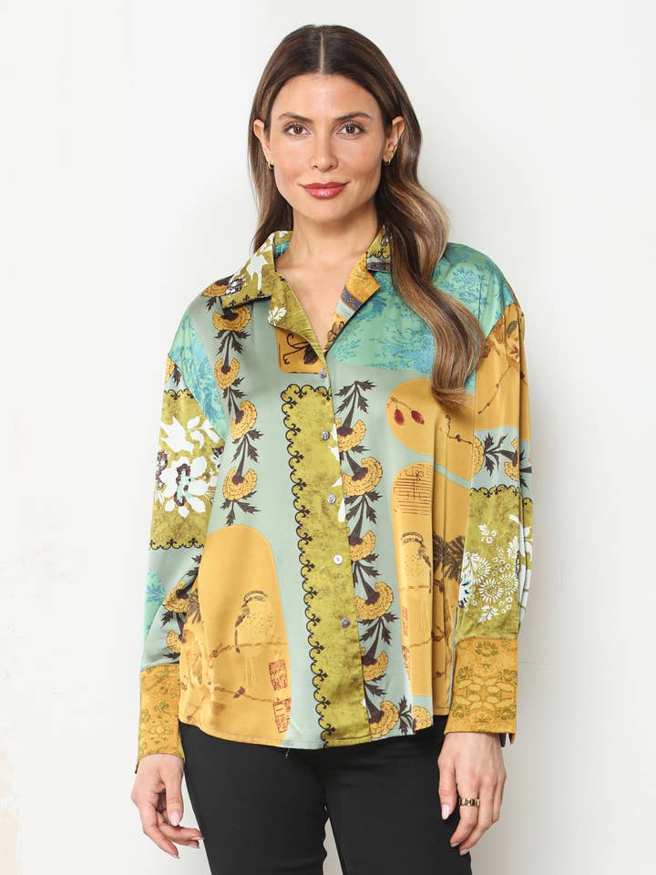 Golden Tapestry Satin Button Down Shirt