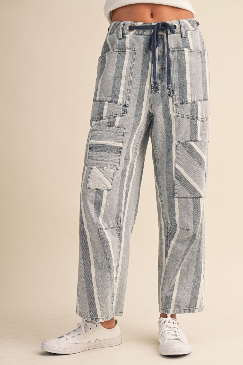 Striped Patchwork Barrel Jeans