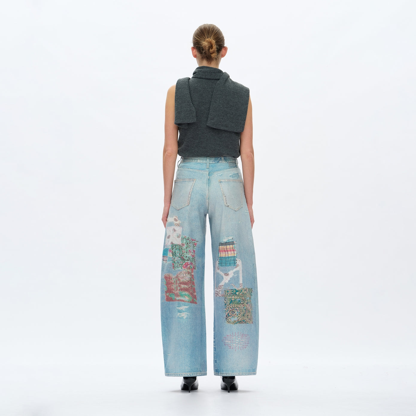Patch Print High Rise Barrel Denim