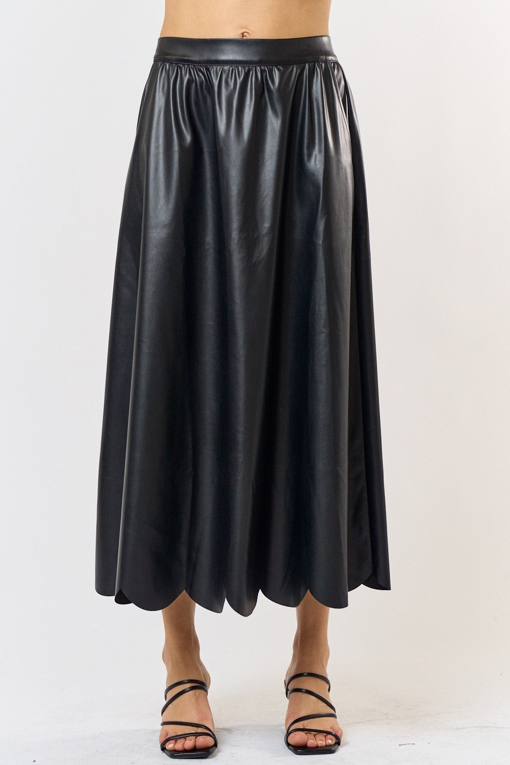 Scalloped Faux Leather Midi Skirt