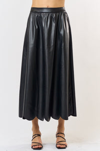 Scalloped Faux Leather Midi Skirt