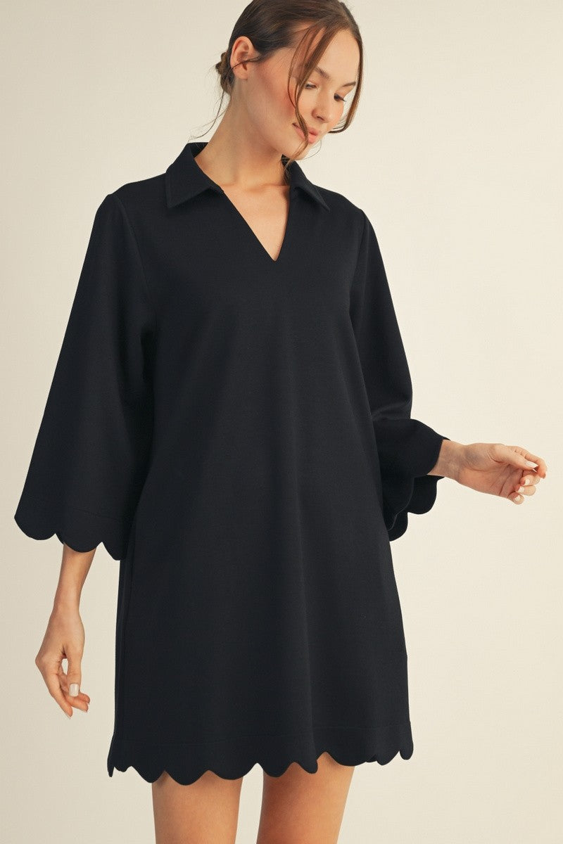 Solid Black Scalloped Hem Mini Dress