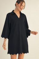 Solid Black Scalloped Hem Mini Dress