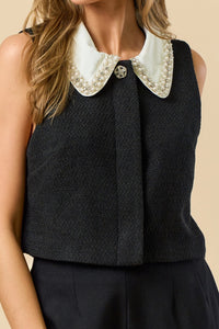 Pearl Collar Tweed Top