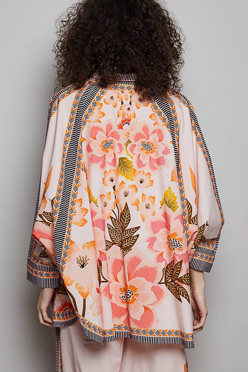 Boho Floral Print Button-Down Batwing Shirt