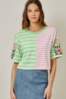 Rose Embroidered Mix Stripe Tee