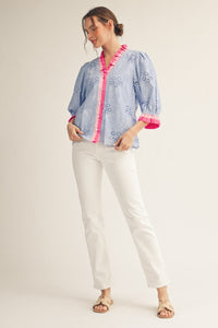 Contrast Accent Eyelet Top