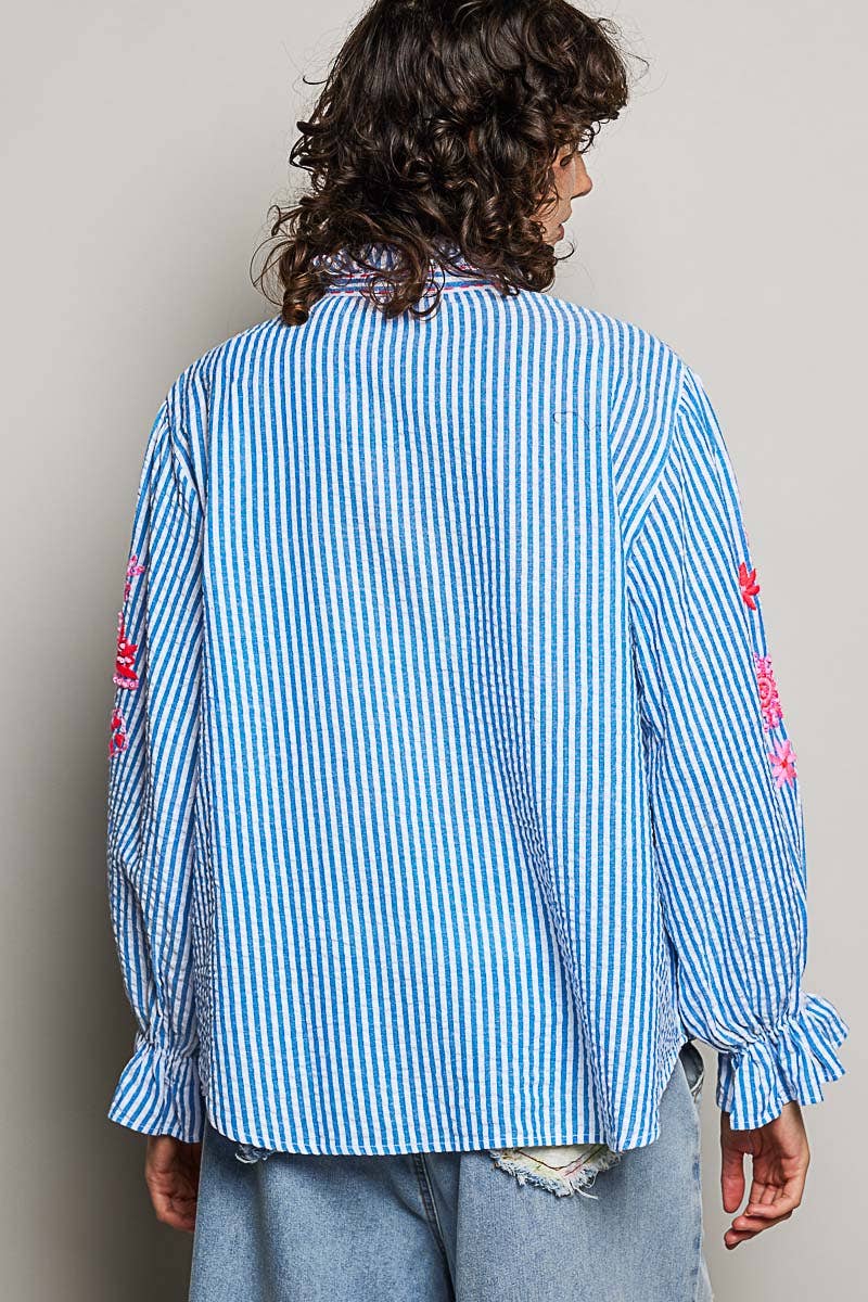 Embroidered Blue Striped Blouse