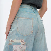 Patch Print High Rise Barrel Denim
