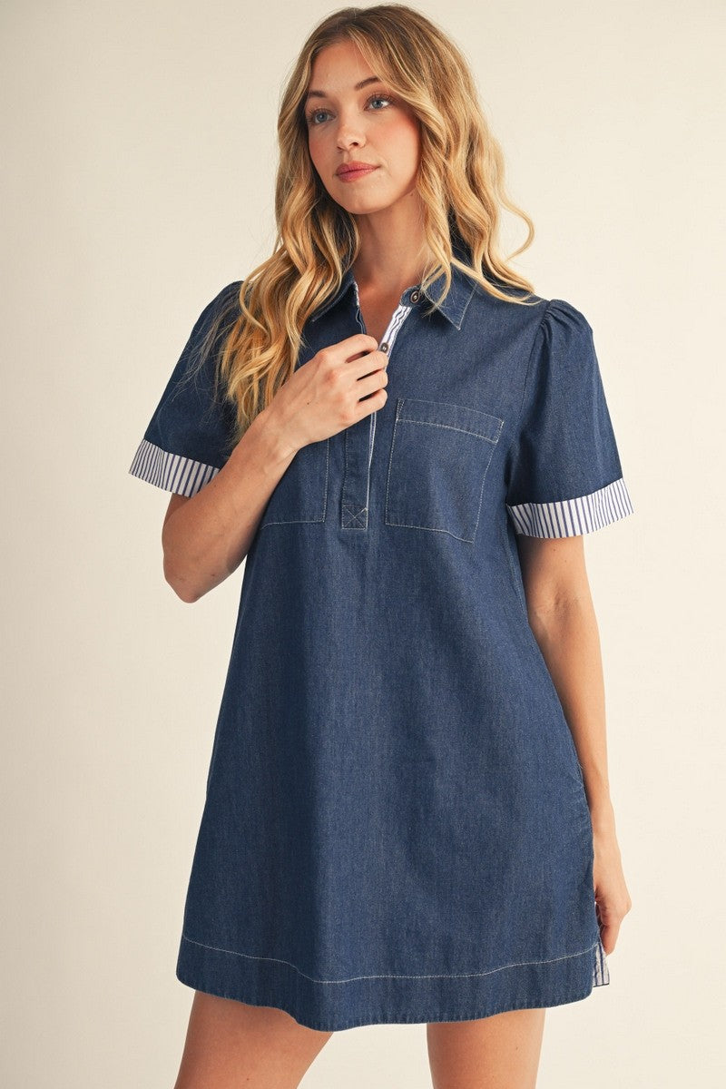 Stripe Contrast Denim Mini Dress