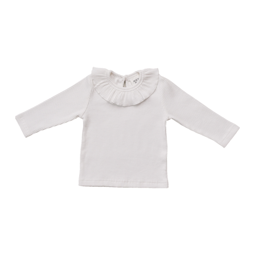 White Ribbed Ruffle Long Sleeve Top