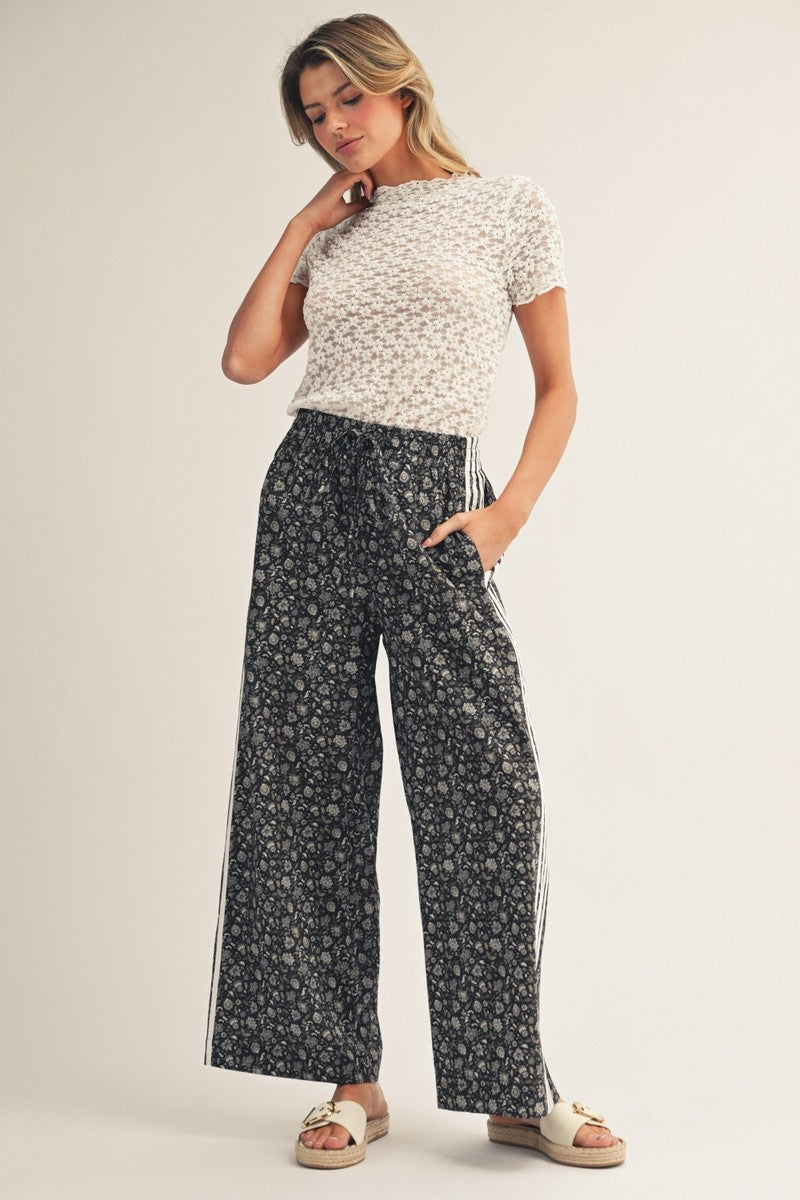 Tape Trim Accent Floral Pants