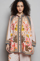 Boho Floral Print Button-Down Batwing Shirt
