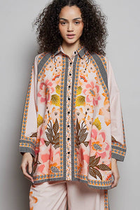 Boho Floral Print Button-Down Batwing Shirt