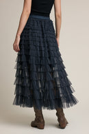 Plaid Mesh Ruffle Maxi Skirt