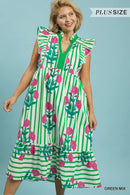 Flutter Sleeve Floral Striped Midi Dress