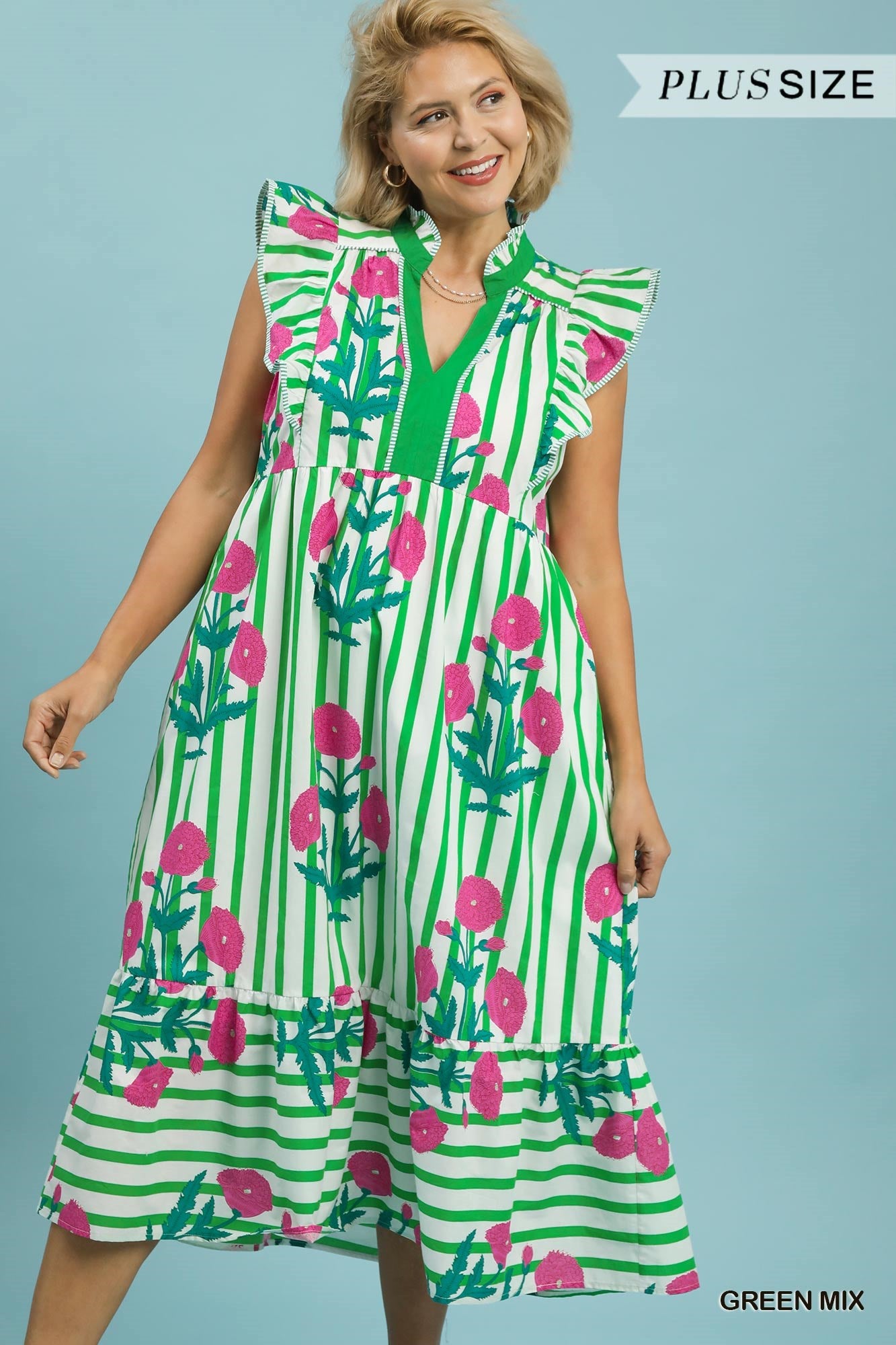 Flutter Sleeve Floral Striped Midi Dress