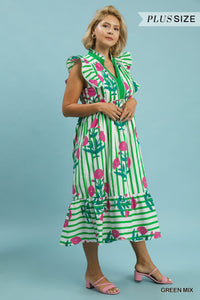 Flutter Sleeve Floral Striped Midi Dress