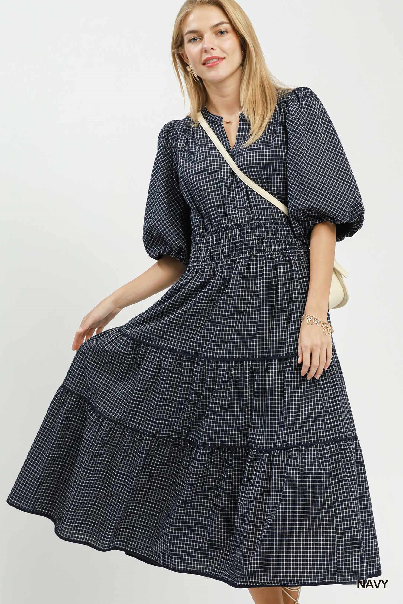 Gingham Puff Sleeve Midi Dress