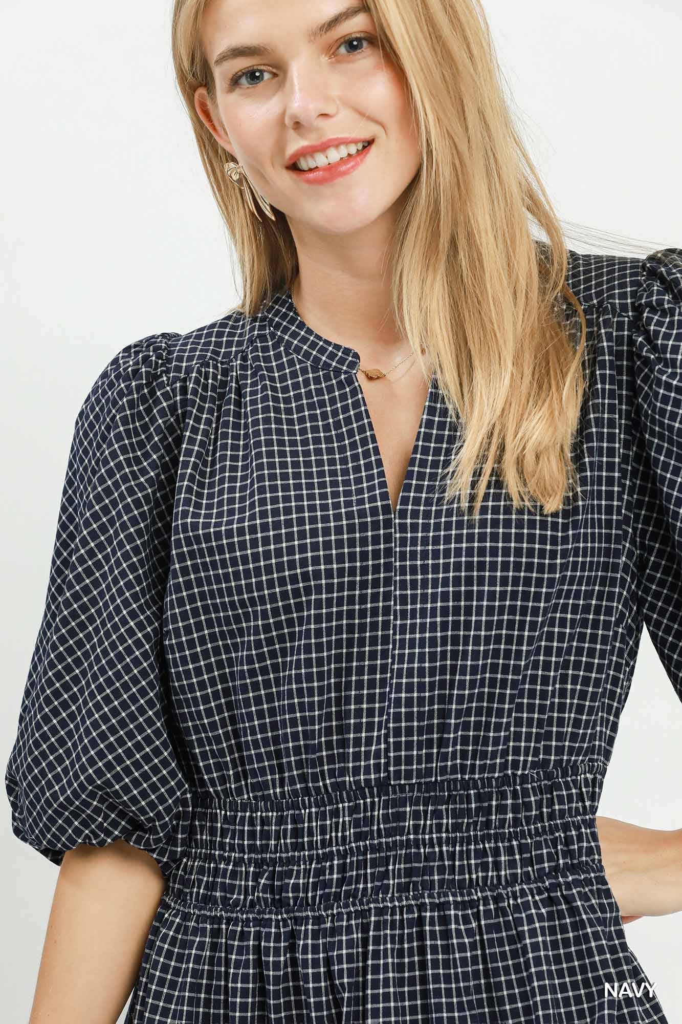 Gingham Puff Sleeve Midi Dress