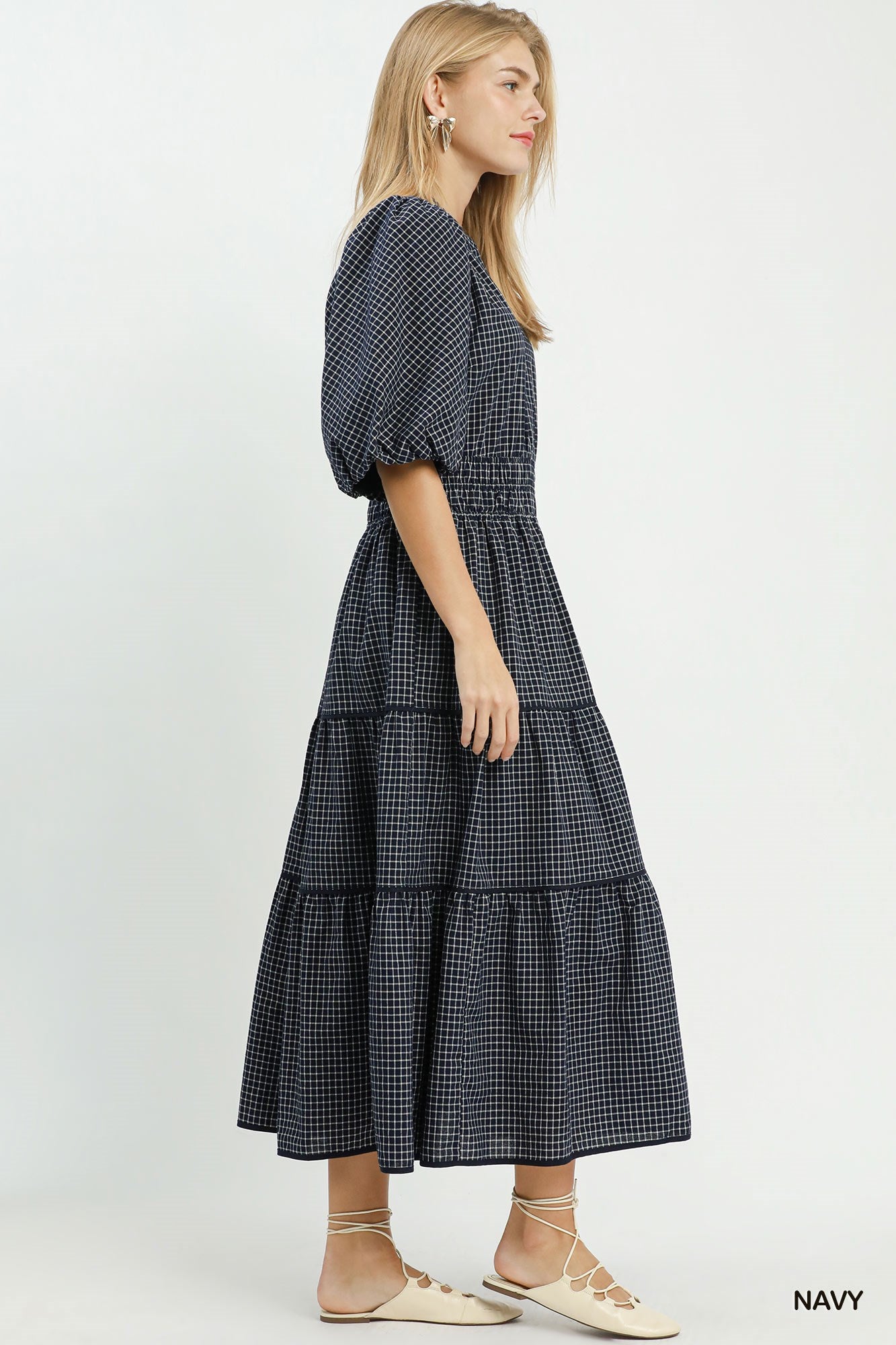 Gingham Puff Sleeve Midi Dress