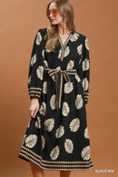Leaf Printed Belted Midi Dress