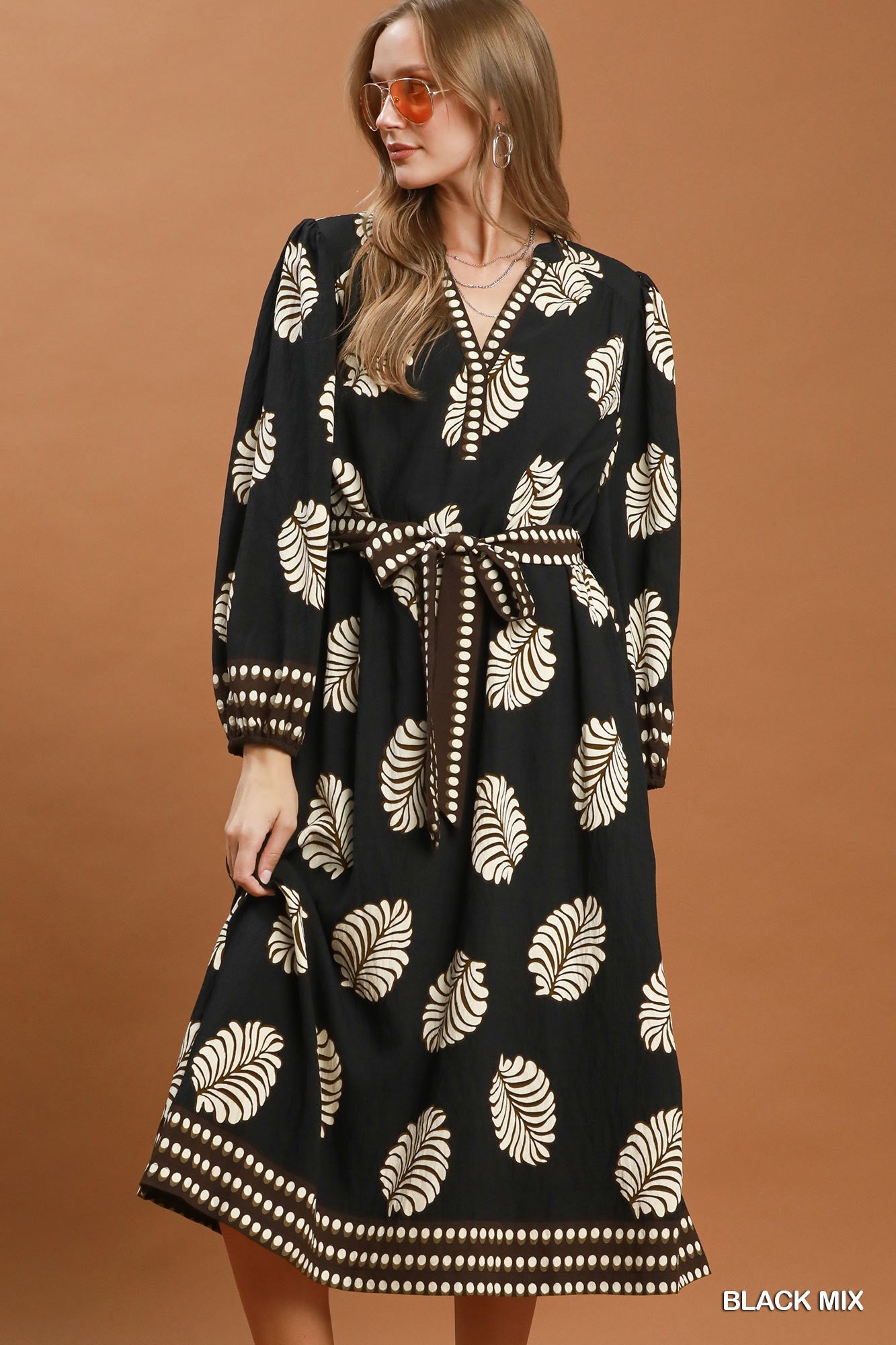 Leaf Printed Belted Midi Dress