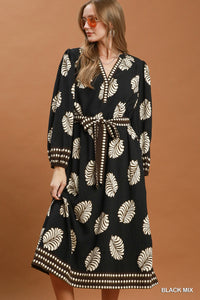 Leaf Printed Belted Midi Dress