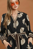 Leaf Printed Belted Midi Dress