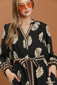 Leaf Printed Belted Midi Dress