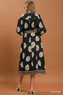 Leaf Printed Belted Midi Dress