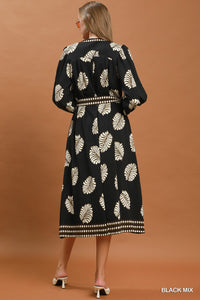 Leaf Printed Belted Midi Dress