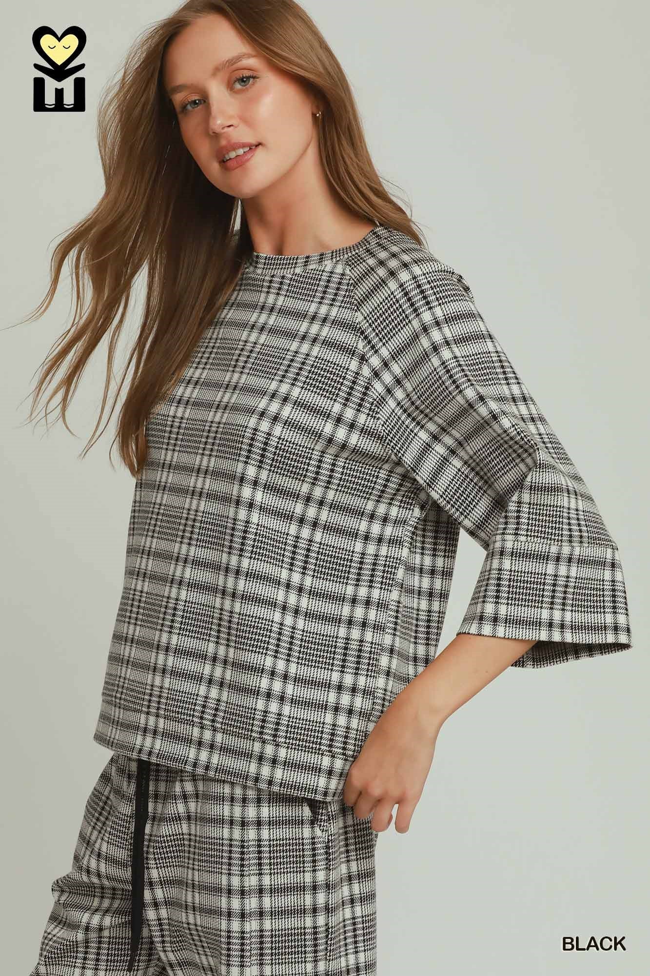 Plaid 3/4 Sleeve Top