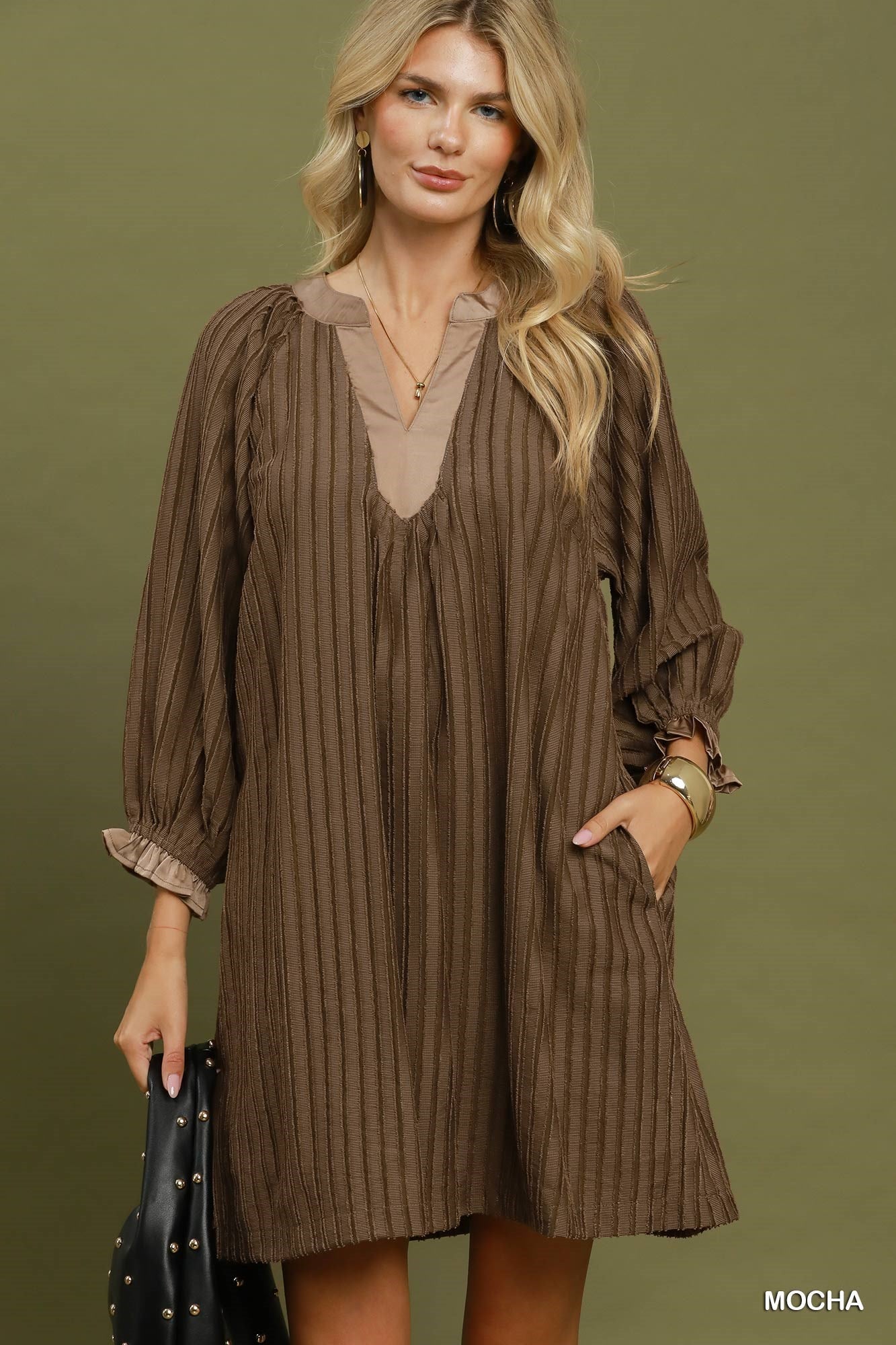 Textured V-Neck Mini Dress