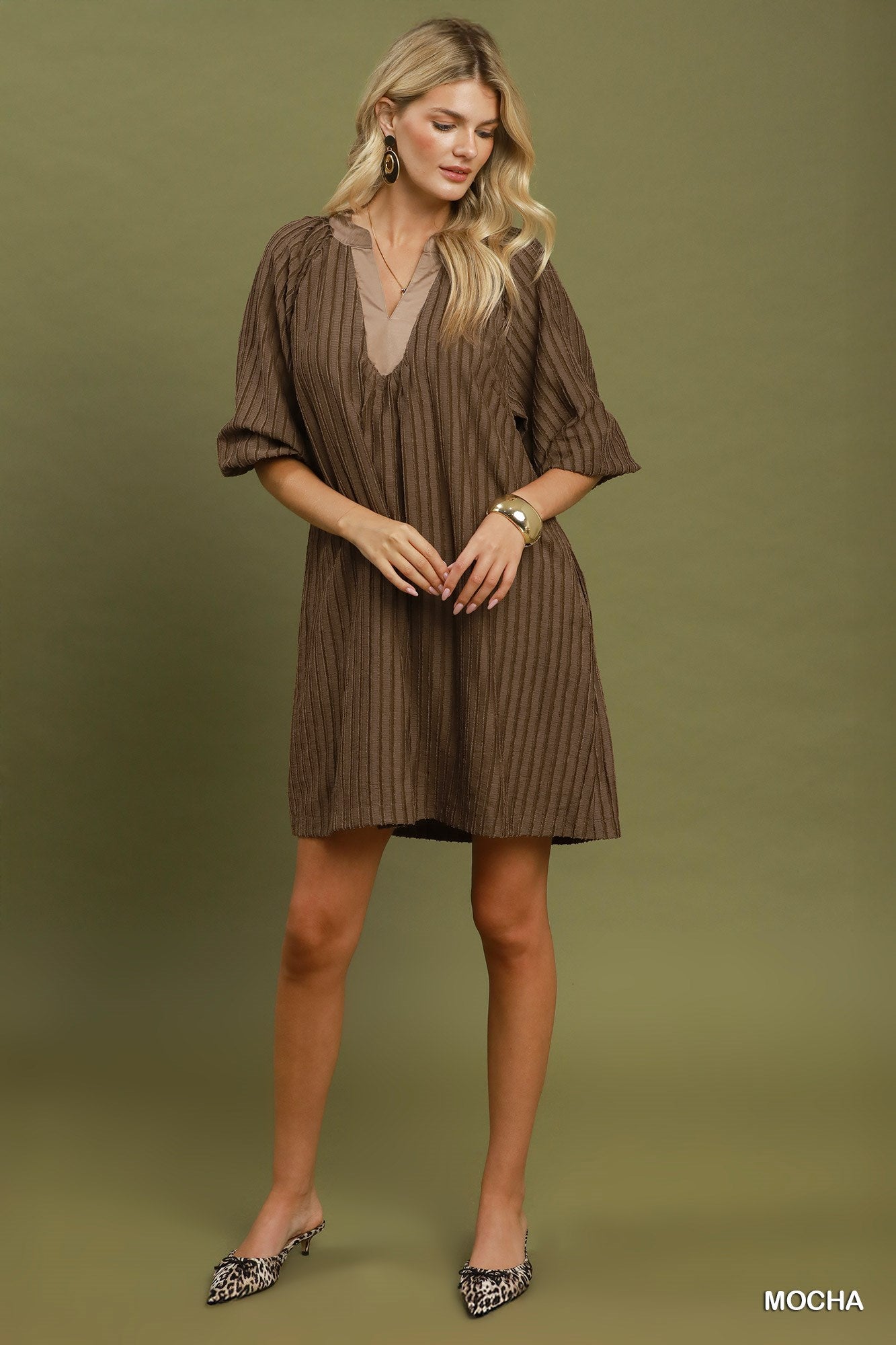 Textured V-Neck Mini Dress