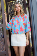 Floral Puff Sleeve Pleated Blouse