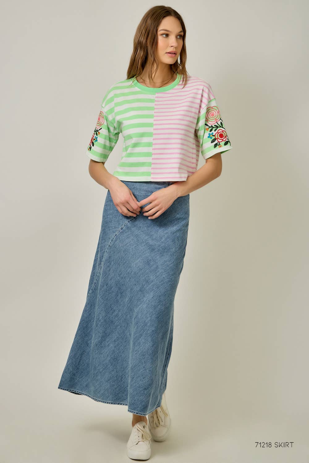Rose Embroidered Mix Stripe Tee