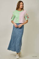 Rose Embroidered Mix Stripe Tee