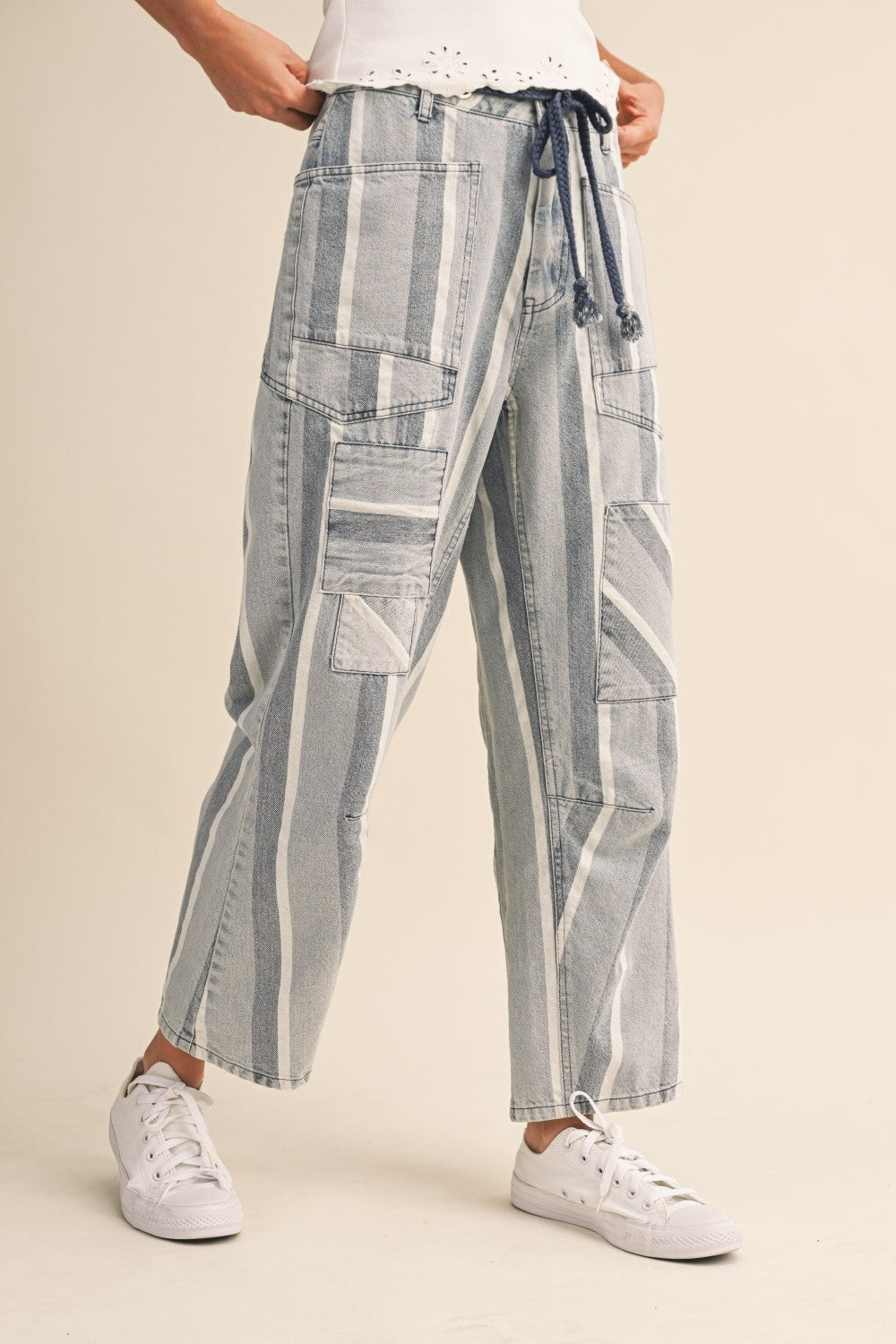 Striped Patchwork Barrel Jeans