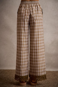 Plaid Embroidered Hem Pants