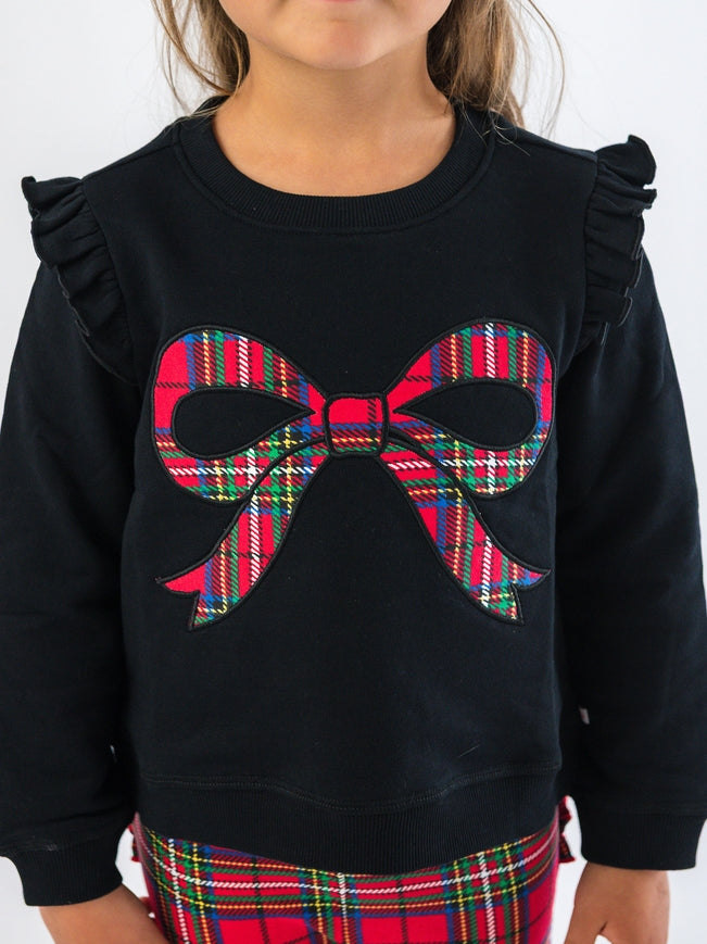 Plaid Bow Applique Flutter Sweatshirt