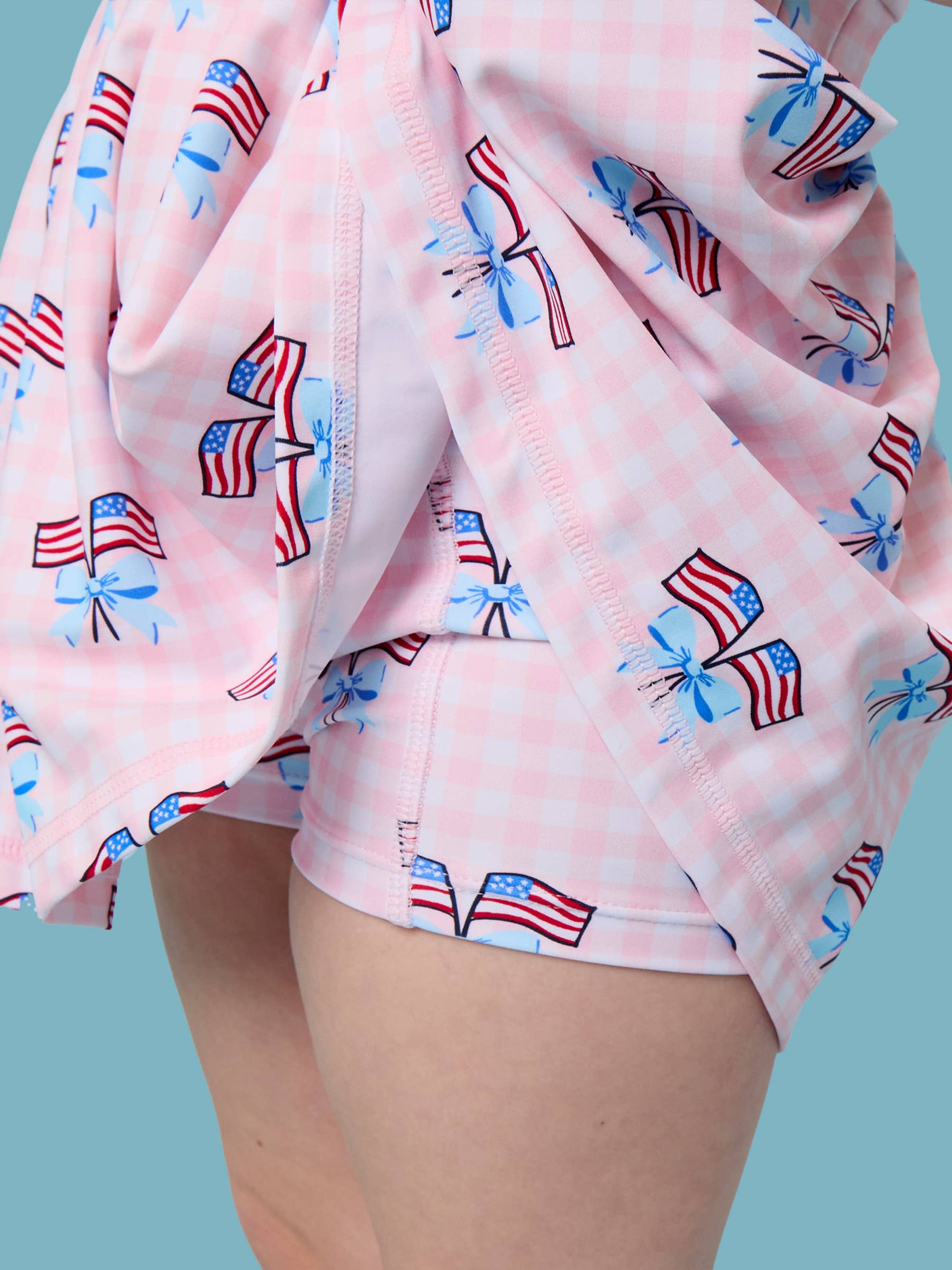 Patriotic Gingham Pleated Skirt Active Dress & Bike Short Set
