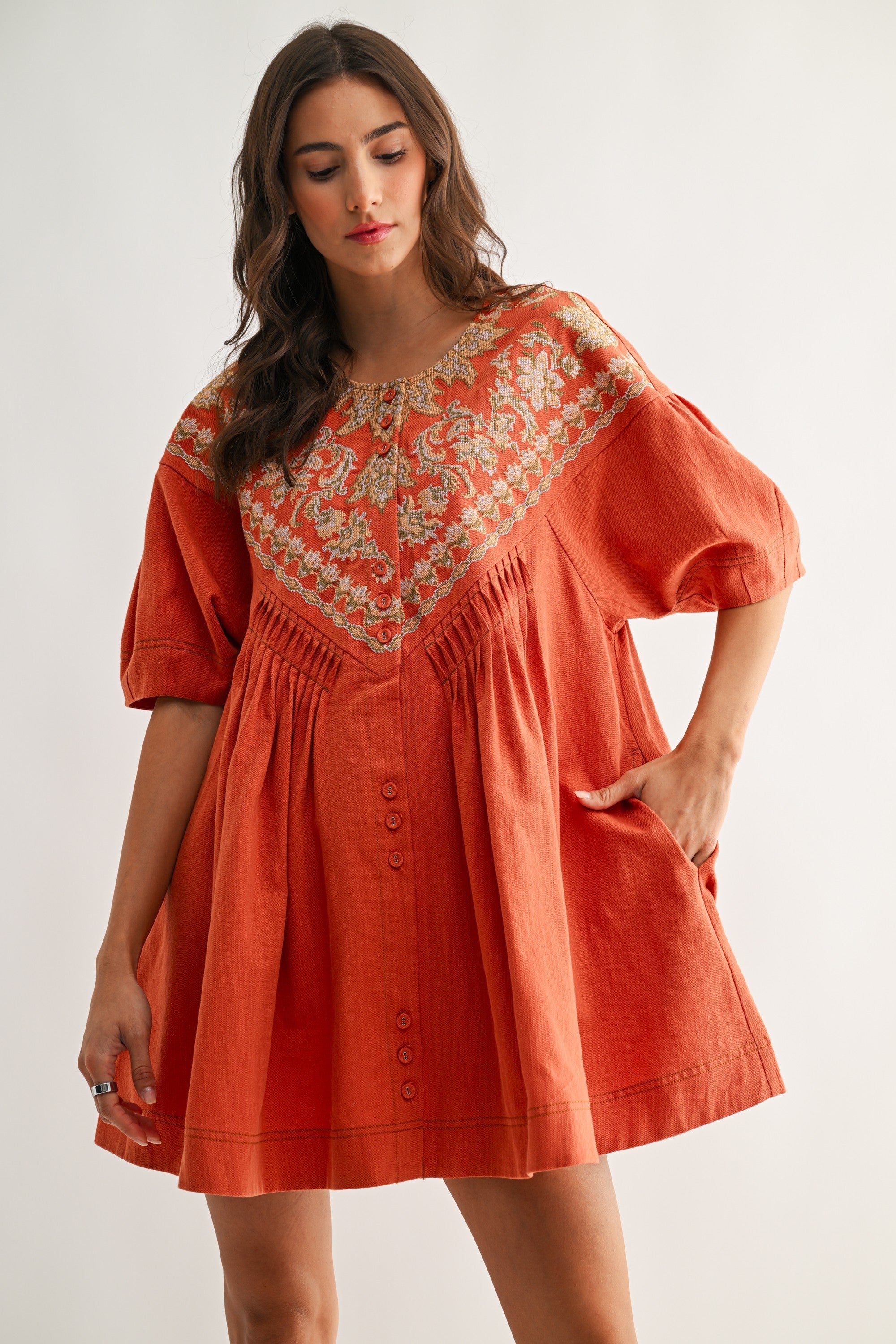 Embroidered Linen Tunic Dress